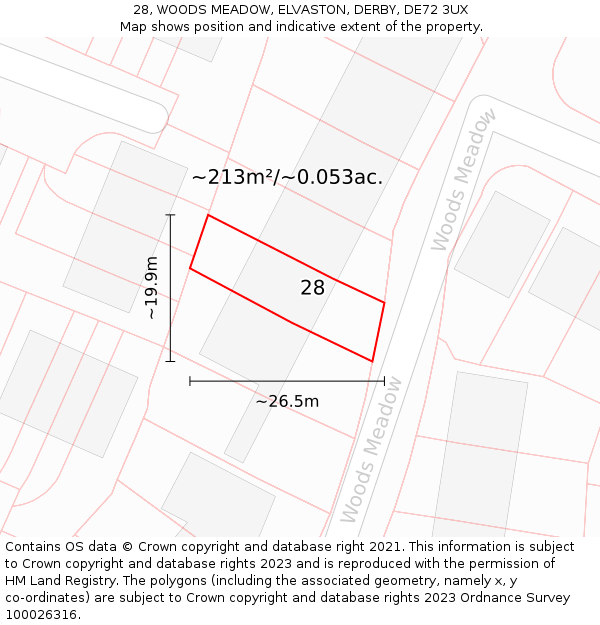 28, WOODS MEADOW, ELVASTON, DERBY, DE72 3UX: Plot and title map