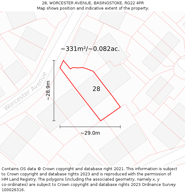 28, WORCESTER AVENUE, BASINGSTOKE, RG22 4PR: Plot and title map