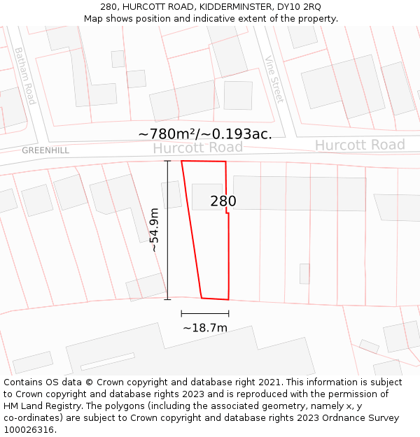 280, HURCOTT ROAD, KIDDERMINSTER, DY10 2RQ: Plot and title map