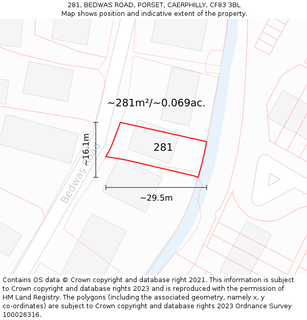 281, BEDWAS ROAD, PORSET, CAERPHILLY, CF83 3BL: Plot and title map