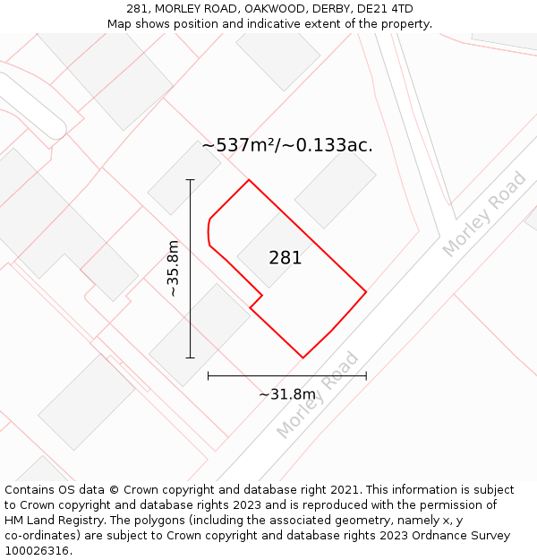 281, MORLEY ROAD, OAKWOOD, DERBY, DE21 4TD: Plot and title map