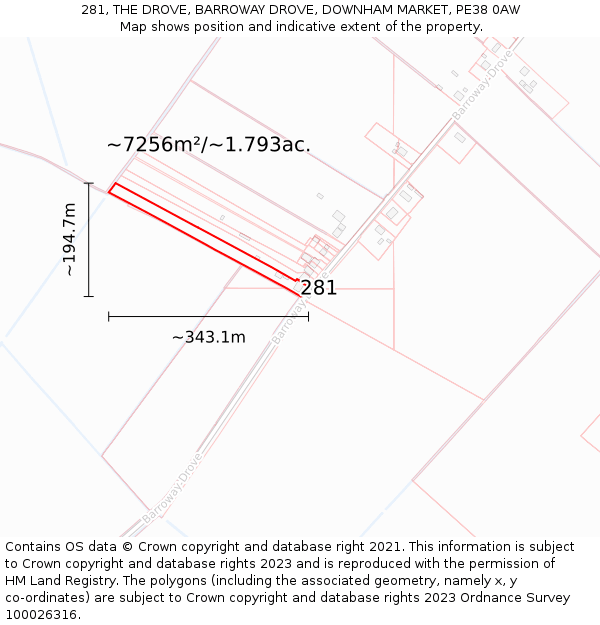 281, THE DROVE, BARROWAY DROVE, DOWNHAM MARKET, PE38 0AW: Plot and title map