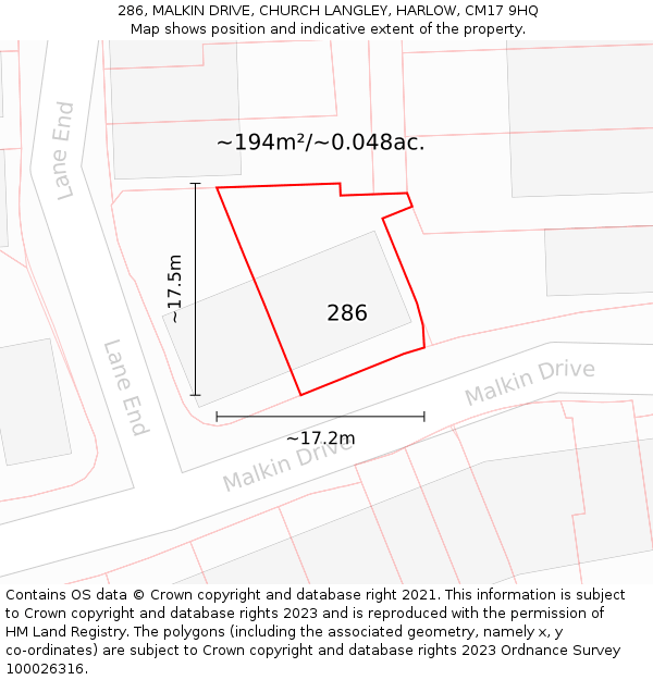 286, MALKIN DRIVE, CHURCH LANGLEY, HARLOW, CM17 9HQ: Plot and title map