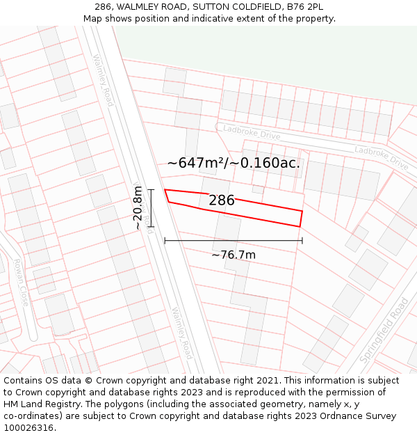 286, WALMLEY ROAD, SUTTON COLDFIELD, B76 2PL: Plot and title map