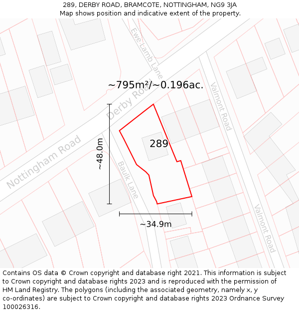 289, DERBY ROAD, BRAMCOTE, NOTTINGHAM, NG9 3JA: Plot and title map