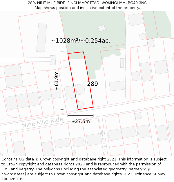 289, NINE MILE RIDE, FINCHAMPSTEAD, WOKINGHAM, RG40 3NS: Plot and title map