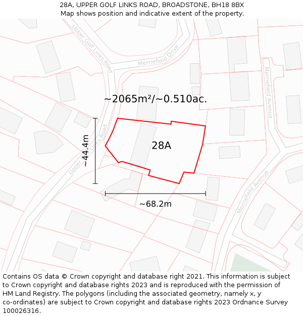 28A, UPPER GOLF LINKS ROAD, BROADSTONE, BH18 8BX: Plot and title map