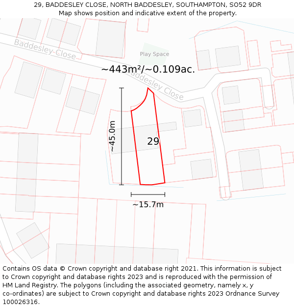 29, BADDESLEY CLOSE, NORTH BADDESLEY, SOUTHAMPTON, SO52 9DR: Plot and title map