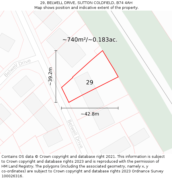 29, BELWELL DRIVE, SUTTON COLDFIELD, B74 4AH: Plot and title map