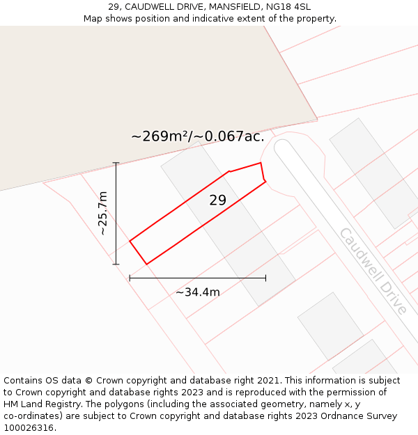 29, CAUDWELL DRIVE, MANSFIELD, NG18 4SL: Plot and title map