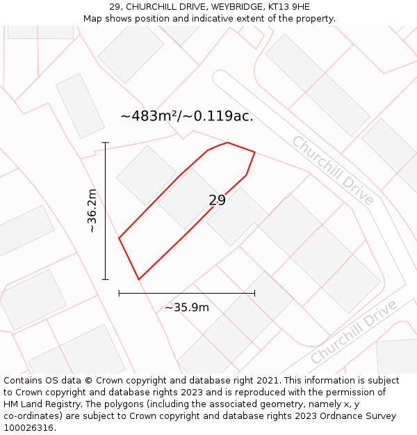 29, CHURCHILL DRIVE, WEYBRIDGE, KT13 9HE: Plot and title map