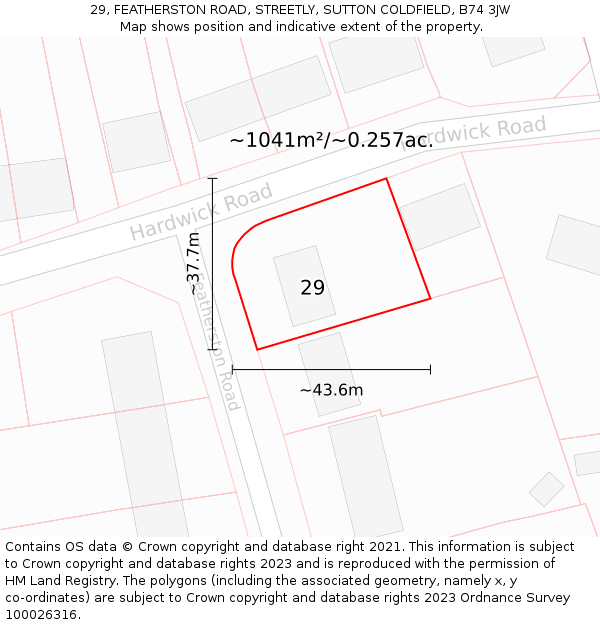 29, FEATHERSTON ROAD, STREETLY, SUTTON COLDFIELD, B74 3JW: Plot and title map