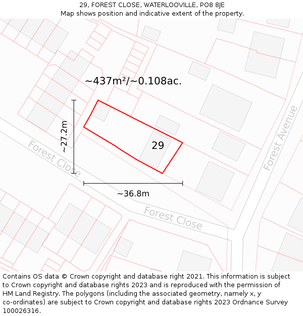 29, FOREST CLOSE, WATERLOOVILLE, PO8 8JE: Plot and title map