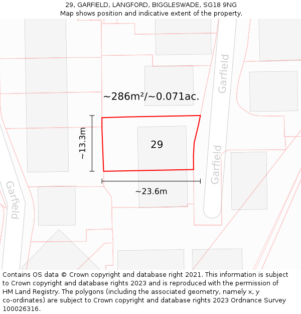 29, GARFIELD, LANGFORD, BIGGLESWADE, SG18 9NG: Plot and title map