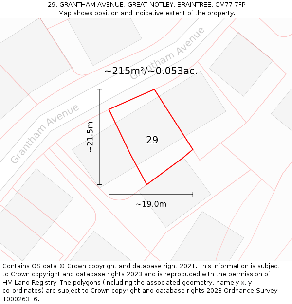 29, GRANTHAM AVENUE, GREAT NOTLEY, BRAINTREE, CM77 7FP: Plot and title map