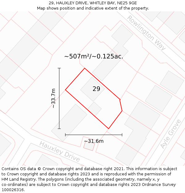 29, HAUXLEY DRIVE, WHITLEY BAY, NE25 9GE: Plot and title map