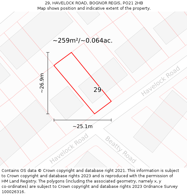 29, HAVELOCK ROAD, BOGNOR REGIS, PO21 2HB: Plot and title map