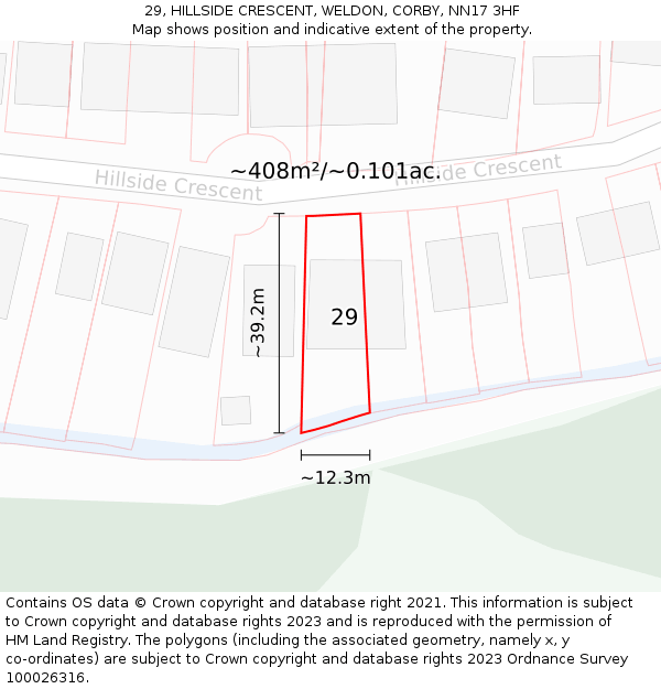 29, HILLSIDE CRESCENT, WELDON, CORBY, NN17 3HF: Plot and title map