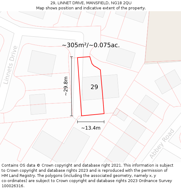 29, LINNET DRIVE, MANSFIELD, NG18 2QU: Plot and title map