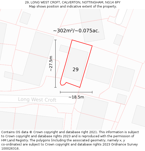 29, LONG WEST CROFT, CALVERTON, NOTTINGHAM, NG14 6PY: Plot and title map