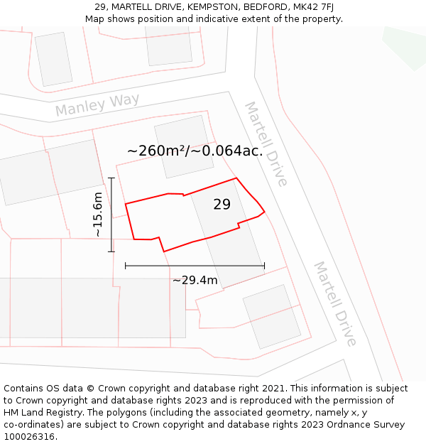 29, MARTELL DRIVE, KEMPSTON, BEDFORD, MK42 7FJ: Plot and title map