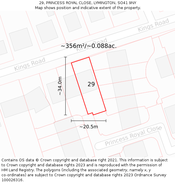 29, PRINCESS ROYAL CLOSE, LYMINGTON, SO41 9NY: Plot and title map