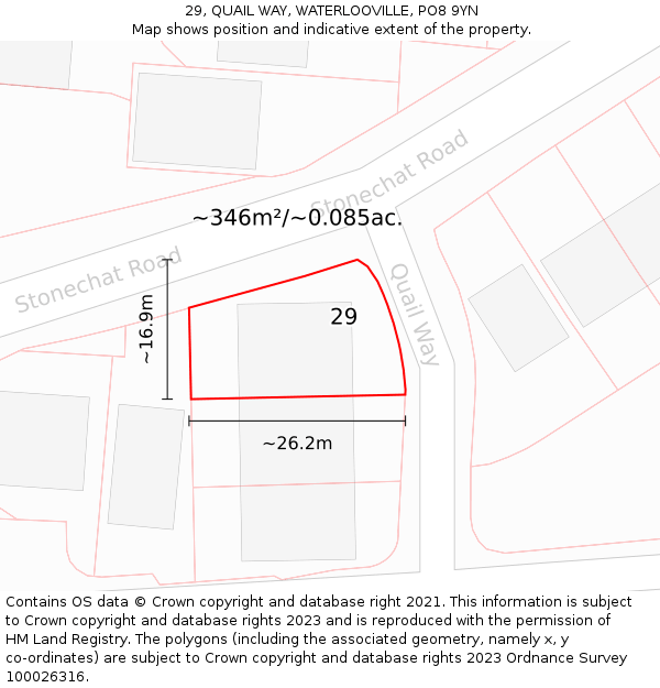 29, QUAIL WAY, WATERLOOVILLE, PO8 9YN: Plot and title map