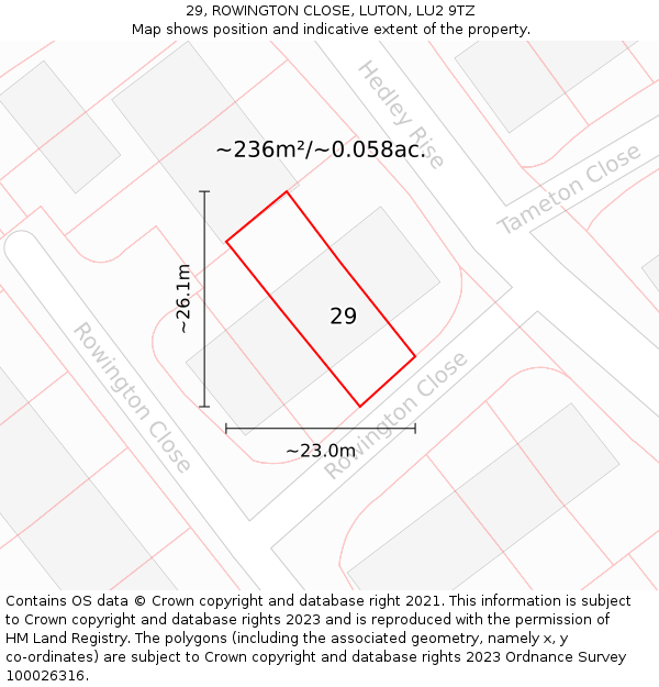 29, ROWINGTON CLOSE, LUTON, LU2 9TZ: Plot and title map