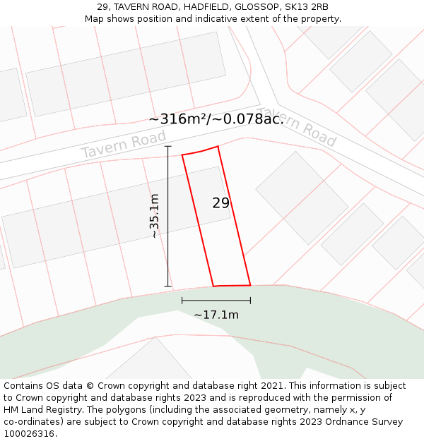 29, TAVERN ROAD, HADFIELD, GLOSSOP, SK13 2RB: Plot and title map