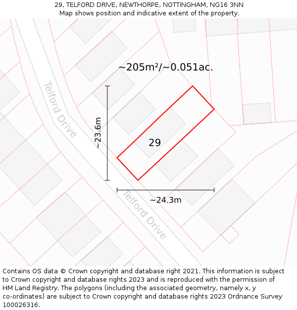 29, TELFORD DRIVE, NEWTHORPE, NOTTINGHAM, NG16 3NN: Plot and title map