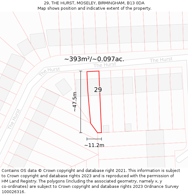 29, THE HURST, MOSELEY, BIRMINGHAM, B13 0DA: Plot and title map