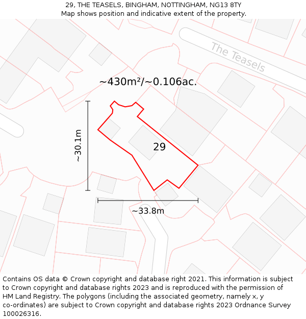 29, THE TEASELS, BINGHAM, NOTTINGHAM, NG13 8TY: Plot and title map