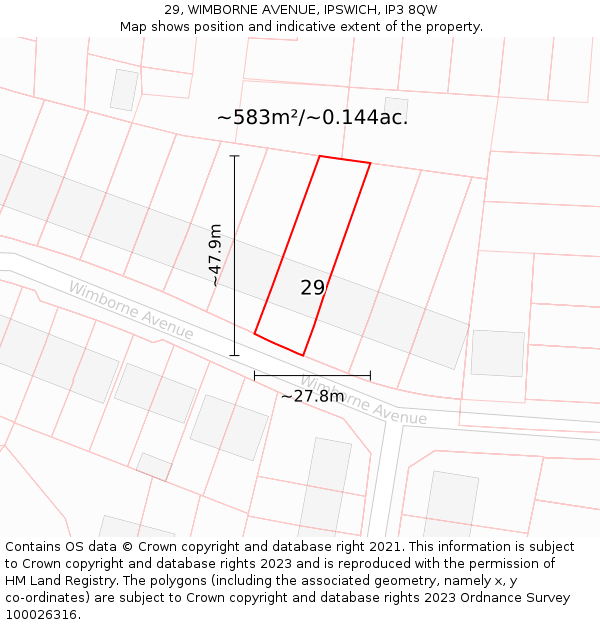 29, WIMBORNE AVENUE, IPSWICH, IP3 8QW: Plot and title map