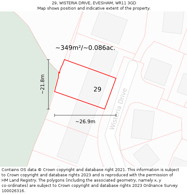 29, WISTERIA DRIVE, EVESHAM, WR11 3GD: Plot and title map