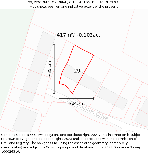 29, WOODMINTON DRIVE, CHELLASTON, DERBY, DE73 6RZ: Plot and title map