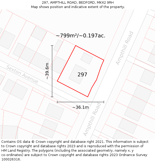 297, AMPTHILL ROAD, BEDFORD, MK42 9RH: Plot and title map