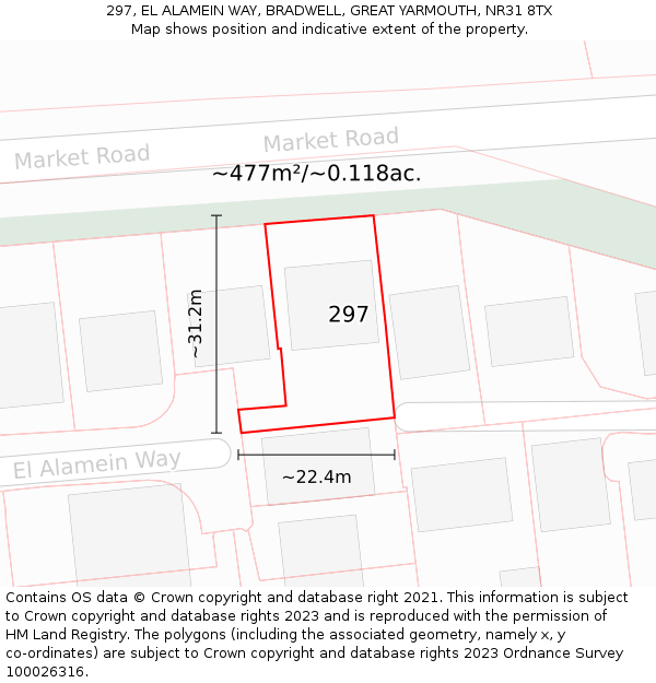 297, EL ALAMEIN WAY, BRADWELL, GREAT YARMOUTH, NR31 8TX: Plot and title map