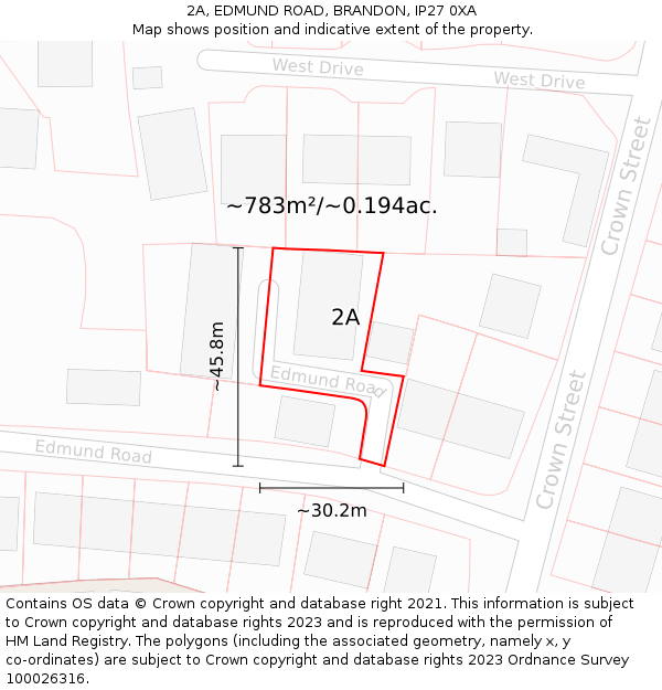 2A, EDMUND ROAD, BRANDON, IP27 0XA: Plot and title map