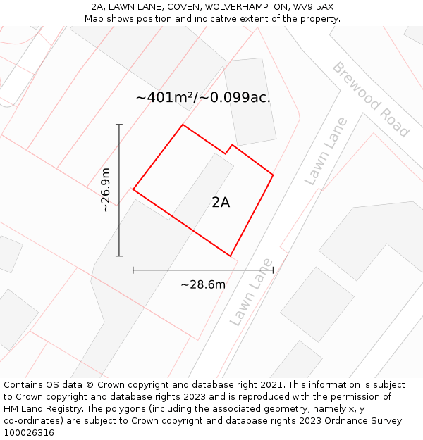 2A, LAWN LANE, COVEN, WOLVERHAMPTON, WV9 5AX: Plot and title map