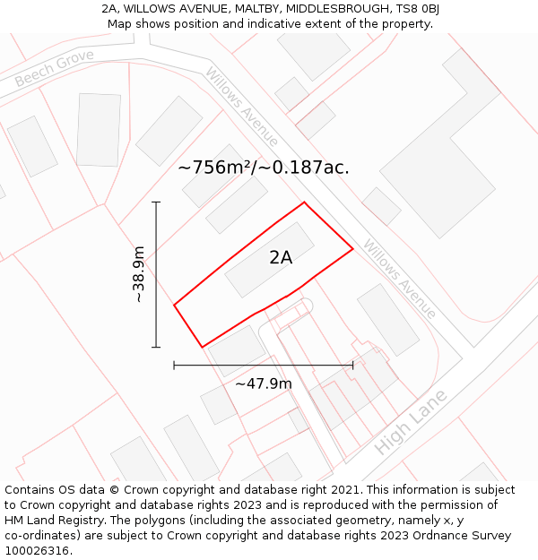 2A, WILLOWS AVENUE, MALTBY, MIDDLESBROUGH, TS8 0BJ: Plot and title map