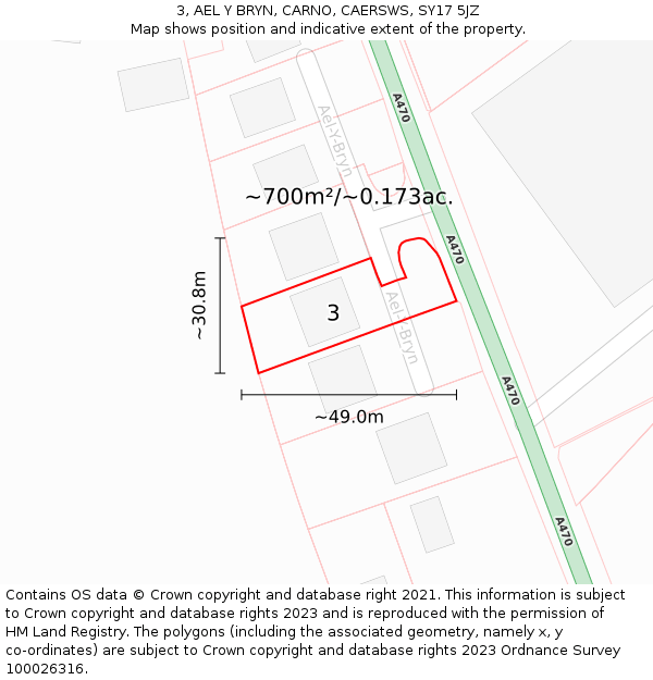 3, AEL Y BRYN, CARNO, CAERSWS, SY17 5JZ: Plot and title map