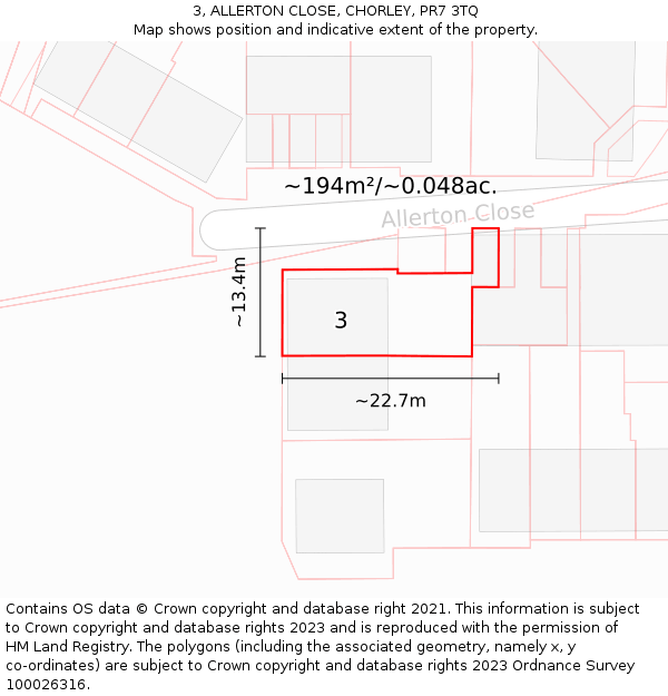 3, ALLERTON CLOSE, CHORLEY, PR7 3TQ: Plot and title map