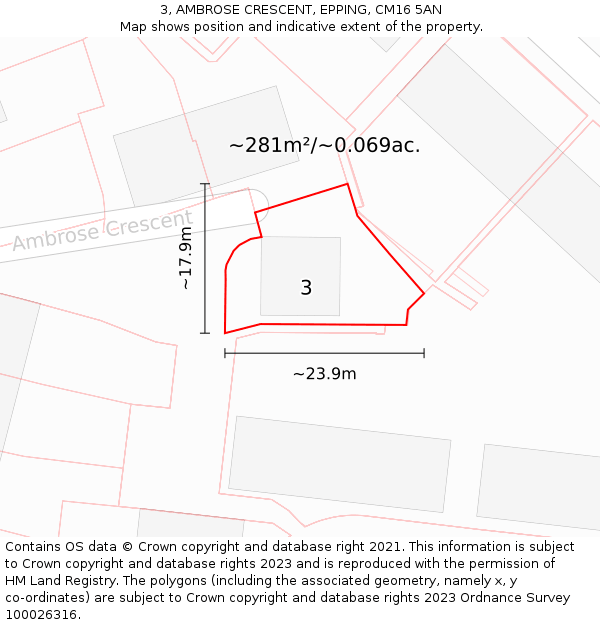 3, AMBROSE CRESCENT, EPPING, CM16 5AN: Plot and title map