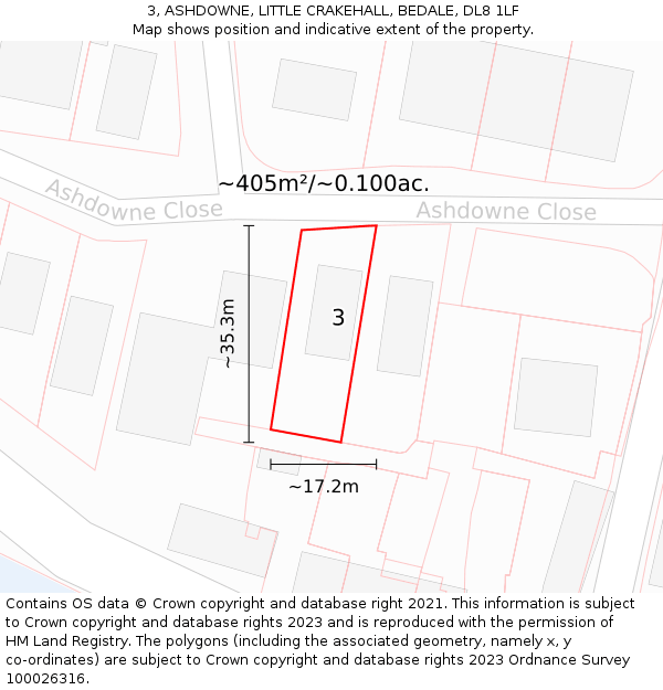 3, ASHDOWNE, LITTLE CRAKEHALL, BEDALE, DL8 1LF: Plot and title map