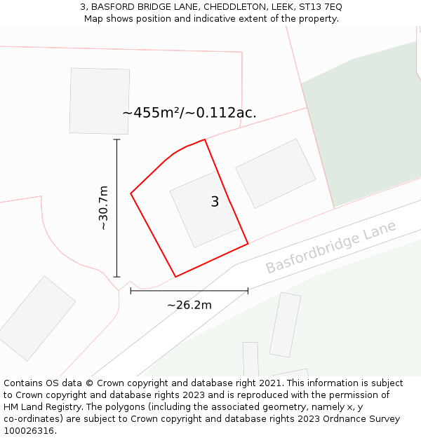 3, BASFORD BRIDGE LANE, CHEDDLETON, LEEK, ST13 7EQ: Plot and title map