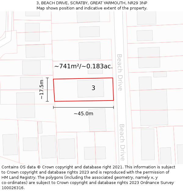 3, BEACH DRIVE, SCRATBY, GREAT YARMOUTH, NR29 3NP: Plot and title map