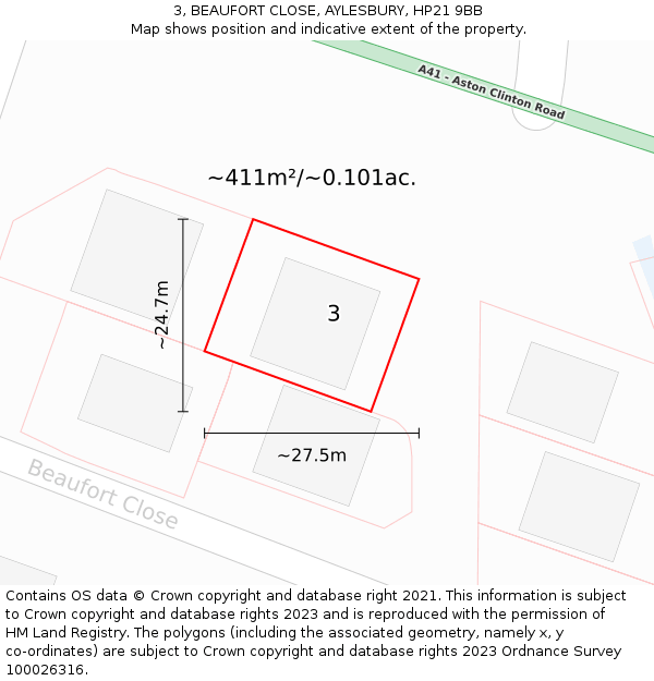 3, BEAUFORT CLOSE, AYLESBURY, HP21 9BB: Plot and title map