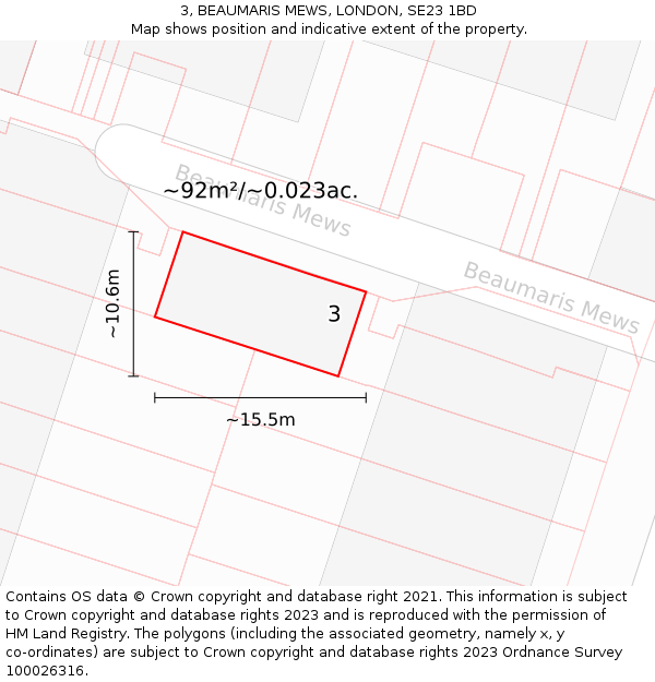 3, BEAUMARIS MEWS, LONDON, SE23 1BD: Plot and title map