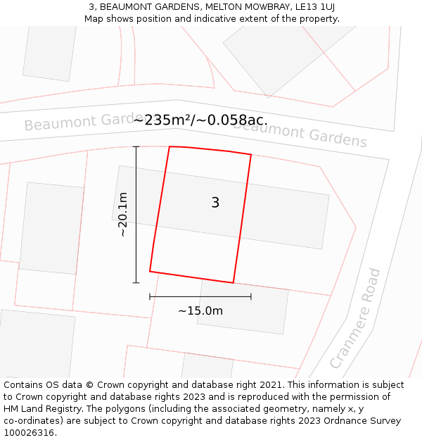 3, BEAUMONT GARDENS, MELTON MOWBRAY, LE13 1UJ: Plot and title map