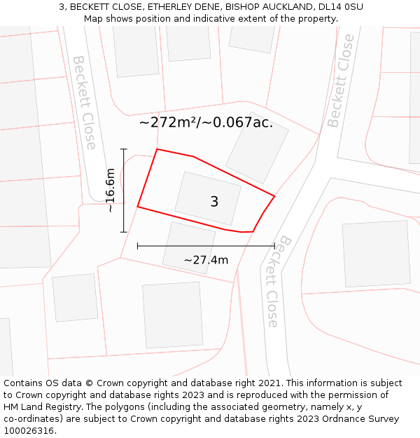 3, BECKETT CLOSE, ETHERLEY DENE, BISHOP AUCKLAND, DL14 0SU: Plot and title map